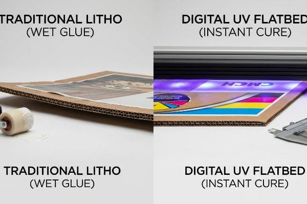 Corrugated board shows Traditional Litho (Wet Glue) warping versus flat Digital UV Flatbed (Instant Cure) under purple UV light.