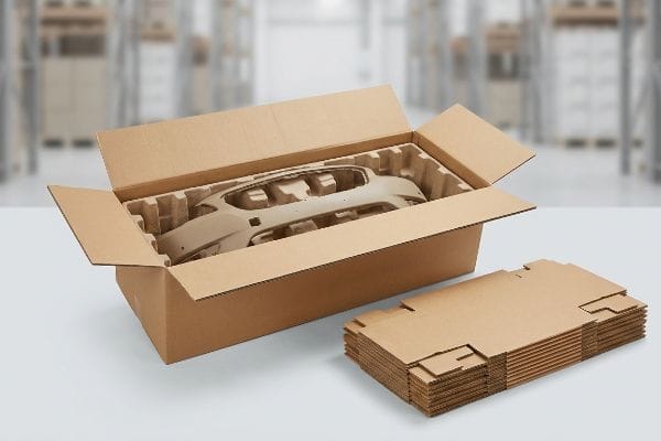 Car Bumper Packaging Solution An open corrugated car bumper box contains a beige automotive fascia, alongside a stack of flat packaging in a warehouse.