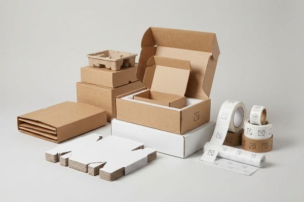 Custom Packaging Assortment Arrangement of various custom packaging solutions, including brown and white cardboard boxes, molded fiber inserts, and rolls of shipping labels, on a light gray surface.