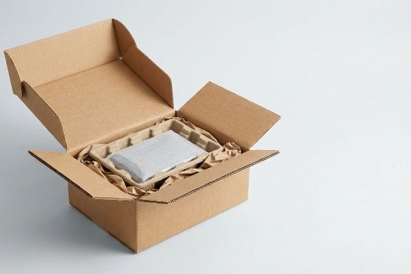 Secure Product Packaging An open brown cardboard box reveals a product securely packaged with white protective wrap, molded fiber tray, and crumpled kraft paper void-fill.