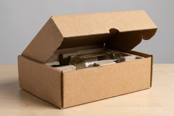 An open custom kraft corrugated box made from unbleached wood pulp, featuring a molded pulp insert securely holding a clear glass bottle for superior product protection.