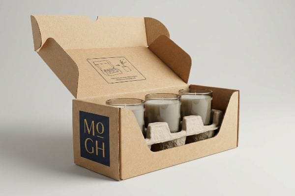 Uma caixa de exibição de velas de papelão ondulado aberta revela três velas de vidro Mogh fixadas por um inserto de polpa moldada, prontas para venda no varejo.