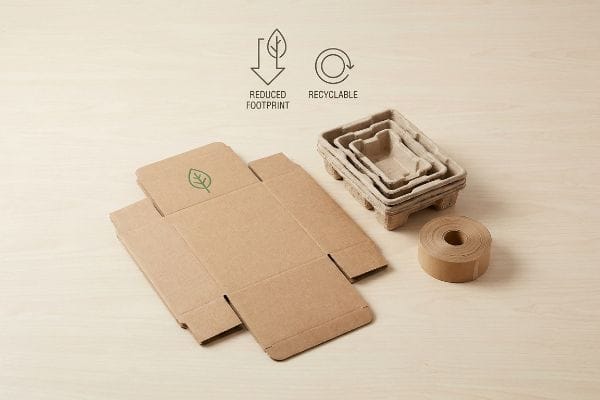 Corrugated board, molded pulp trays, and paper tape display sustainable, recyclable packaging with Reduced Footprint icons.