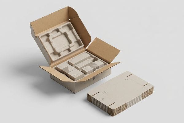 Custom E-commerce Box Packaging Molded pulp inserts cradle light gray product boxes inside an open brown corrugated e-commerce box, next to stacked flat components.