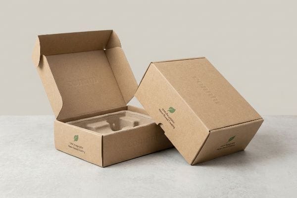 Natural kraft corrugated boxes, one open revealing a molded pulp insert and 'Soilola' embossed text. Both feature '100% Recyclable Water-Based Coating' and a green leaf logo.