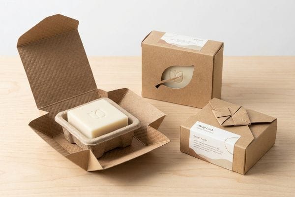 Sustainable soap packaging with molded pulp insert, die-cut leaf window, and origami 'Soap Lock' box.