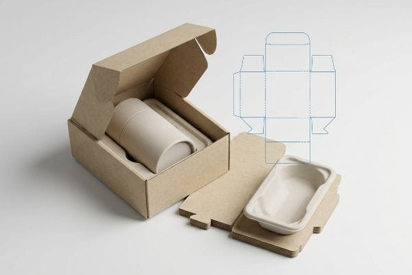 Packaging Box Dieline Brown corrugated mailer box with molded pulp insert for a cylindrical product, shown with a box dieline and flat packaging components.