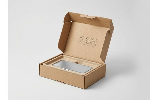 Frustration-Free Phone Box Brown kraft paper frustration-free packaging box open, revealing a grey smartphone in a custom molded pulp tray with unboxing diagrams.