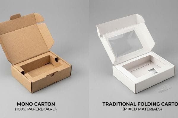 A brown Mono Carton, 100% Paperboard, stands beside a white Traditional Folding Carton, featuring a plastic window and mixed materials.