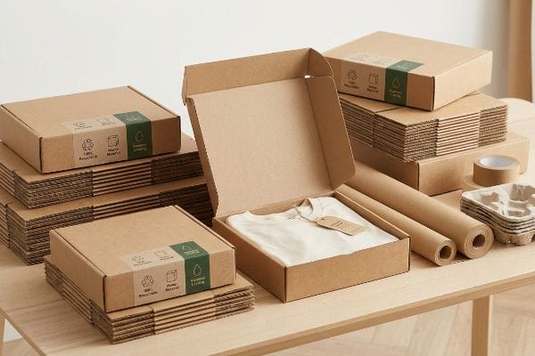 Sustainable Apparel Packaging Sustainable packaging materials, including "100% Recyclable", "Mono Material", "Aqueous Coating" cardboard boxes, one holding a t-shirt, and kraft paper.