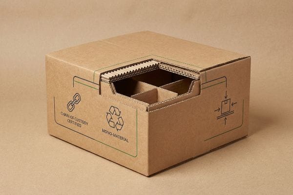 Brown corrugated box with a cutaway revealing internal dividers, displaying 'Chain Of Custody Certified' and 'Mono-Material' labels.