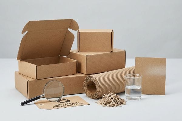 Mono-Material Recyclable Packaging Brown corrugated paperboard boxes, a roll of fluted cardboard, shredded paper, and a beaker of water, featuring a tag 'Mono-Material: Curbside Recyclable'.
