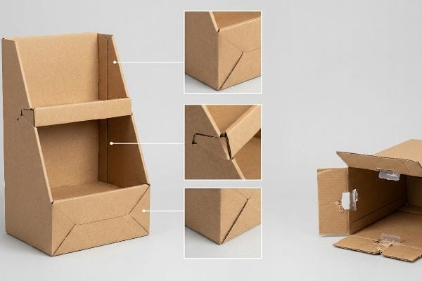 Brown corrugated cardboard display box showcasing mono-material paper lock engineering and base folds, with plastic clips visible in a flat-packed box.