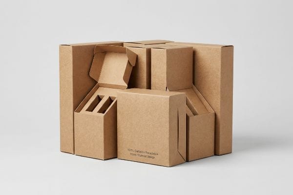 Various brown kraft cardboard boxes showcasing 100% Curbside Recyclable, Mono-Material Design packaging.