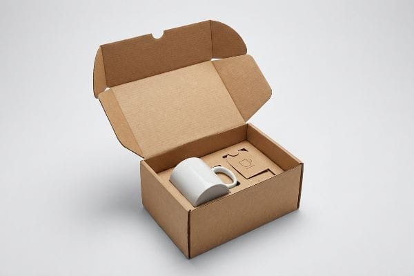 An open brown corrugated shipping mailer box displays a white ceramic mug in a custom-fit insert, alongside a small branded tag.