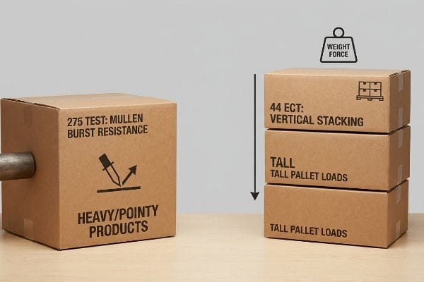 Cardboard boxes demonstrating 275 Mullen Burst Resistance for Heavy/Pointy Products and 44 ECT Vertical Stacking for Tall Pallet Loads.
