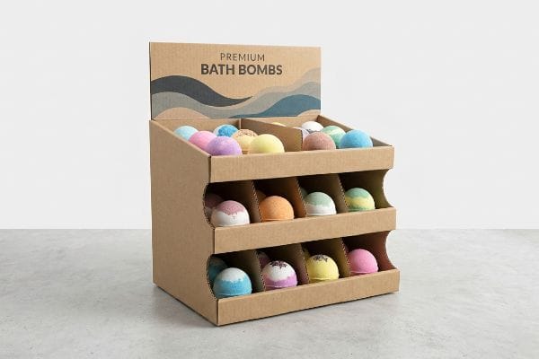 Premium Bath Bomb Display A corrugated cardboard display box showcasing multi-tiered Premium Bath Bombs in assorted pastel colors, designed for retail merchandising.