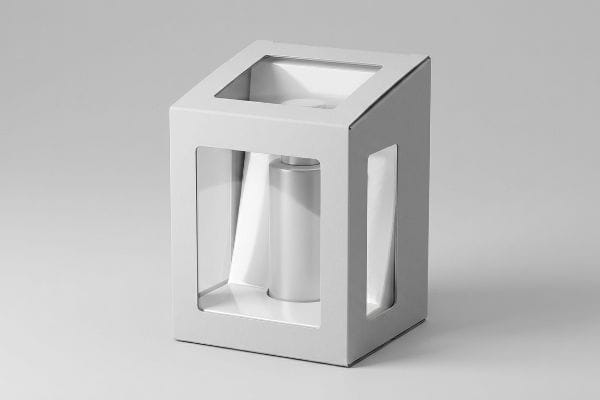 Multi-Window Retail Packaging White retail packaging box with front, side, and skylight windows, illuminating a white cylindrical product for optimal visibility.