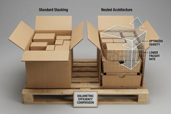 Volumetric Efficiency Comparison: Palletized Standard Stacking vs. Nested Architecture, showing Optimized Density and Lower Freight Rate.