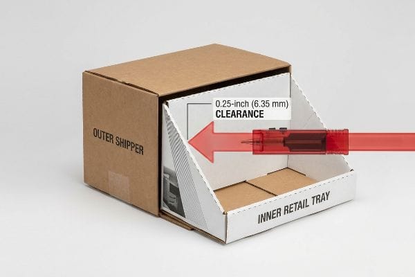 Nested Box Clearance Brown Outer Shipper box with an Inner Retail Tray showing 0.25-inch (6.35 mm) Clearance, highlighted by a red arrow.