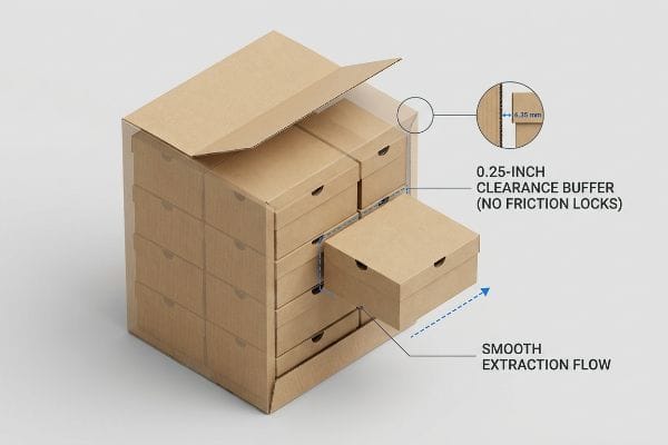 Brown corrugated cardboard nested packaging system with a 0.25-inch (6.35 mm) clearance buffer for smooth extraction flow, preventing friction locks.