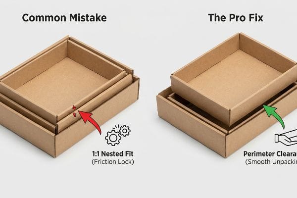 Box Nesting Pro Fix Brown kraft boxes: 1:1 Nested Fit (Friction Lock) vs. Perimeter Clearance (Smooth Unpacking).
