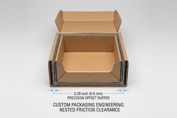 Corrugated cardboard boxes demonstrating 0.26-inch (6.6 mm) Precision Offset Buffer for Custom Packaging Engineering and Nested Friction Clearance.