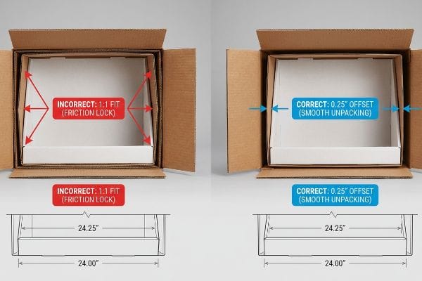 Packaging Offset Friction Lock Corrugated packaging comparison: Incorrect 1:1 Fit (Friction Lock) vs. Correct 0.25-inch Offset (Smooth Unpacking), with 24.25" and 24.00" dimension diagrams.