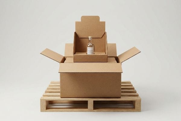 Packaging Layers on Pallet Corrugated master shipping carton on a wooden pallet, containing a secondary retail-ready tray with a clear primary consumer bottle, demonstrating packaging layers.