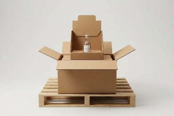 パレット上の梱包層 木製パレットに載せられた段ボール製のマスター輸送用カートンの中に、透明な一次消費者ボトルが入った二次的な小売店向けトレイが収められており、包装層の構造を示している。.