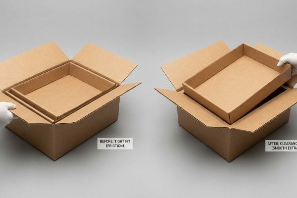 入れ子梱包のクリアランス比較 茶色の段ボール箱には、重ねて梱包する場合、「梱包前:ぴったりフィット(摩擦)」と「梱包後:クリアランス(スムーズな追加)」と表示されます。.