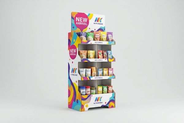 Una llamativa caja expositora de cartón corrugado de varios niveles muestra los productos de "Novedad" de "NK Newbrand" con una colorida impresión litográfica.