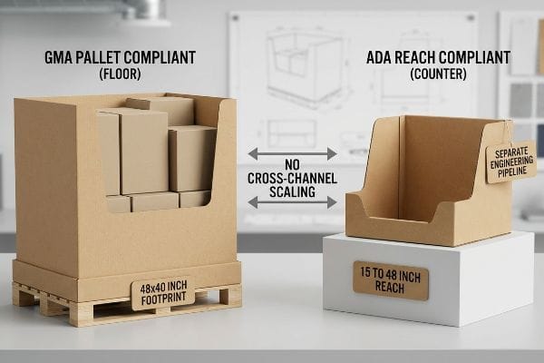 Corrugated cardboard displays show a Gma Pallet Compliant floor unit (48x40 inch footprint) and an Ada Reach Compliant counter unit (15-48 inch reach), emphasizing no cross-channel scaling and separate engineering pipelines.