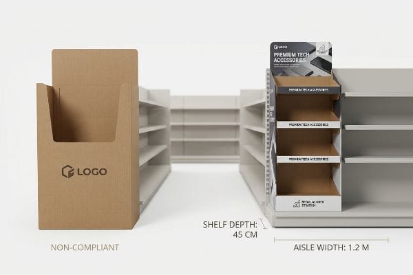 Retail Display Compliance Comparison Brown corrugated cardboard display labeled Non-Compliant next to a Premium Tech Accessories display, illustrating 45 cm Shelf Depth and 1.2 m Aisle Width.
