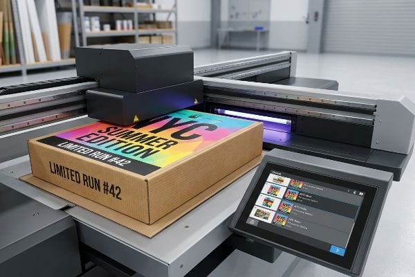 UV Flatbed Box Printing A brown corrugated cardboard box being printed with a colorful Nyc Summer Edition design by a UV flatbed digital printer.