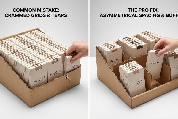Crammed Vs Spaced Nylons Brown corrugated cardboard display contrasts crammed NYLONS boxes tearing with asymmetrical spacing, structural buffer.
