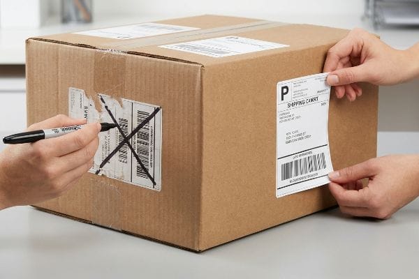 Removing Old Shipping Labels Brown cardboard shipping box with a hand using a Sharpie marker to obliterate an old barcode, while another hand peels off a new Shipping Camry label.