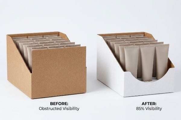 Obstructed Product Display Brown corrugated retail display box with a tall front panel obstructing beige cosmetic tubes, labeled Before: Obstructed Visibility.