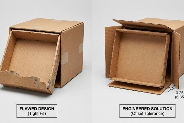 Box Offset Tolerance Comparison Brown corrugated boxes: Flawed Design (Tight Fit) with torn tray vs. Engineered Solution (Offset Tolerance) with 0.25 (6.35 mm) clearance.