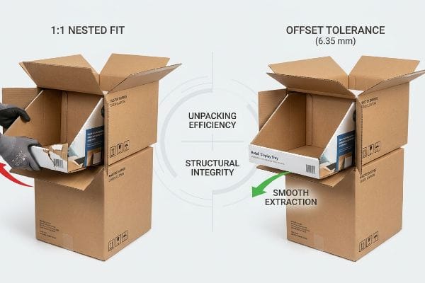 Offset Tolerance Unpacking A 1:1 Nested Fit tears a Retail Display Tray during extraction, contrasted with smooth extraction from a 6.35 mm Offset Tolerance, enhancing Unpacking Efficiency and Structural Integrity.