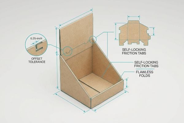 Plain Packaging Structural Details Brown corrugated cardboard retail display box diagram detailing 0.25-inch Offset Tolerance, Self-Locking Friction Tabs, and Flawless Folds.