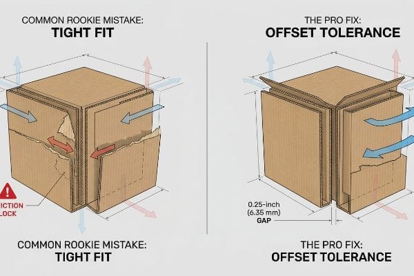 タイトフィットオフセット公差 段ボールの図解には、よくある初心者のミスである「きつすぎる嵌め込みによる摩擦ロック」と、プロの解決策である「オフセット公差による0.25インチ(6.35mm)の隙間」が対比して示されています。.