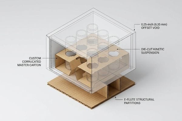 Custom Corrugated Master Carton diagram with Die-Cut Kinetic Suspension, 0.25-inch (6.35 mm) Offset Void, and E-Flute Structural Partitions protecting glass jars.