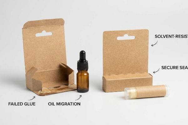 Cosmetic Packaging Failure Solution Kraft paperboard packaging displays Failed Glue and Oil Migration, contrasting with a Solvent-Resistant, Secure Seal lip balm box.