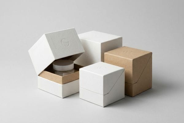Premium Cosmetic Packaging An open white cosmetic box with an embossed 'G' logo reveals a glass jar, alongside closed white and kraft packaging.