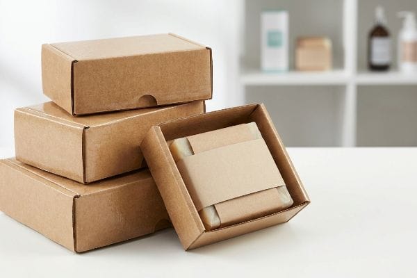Stacked brown corrugated wholesale boxes for soap, one open revealing a kraft paper-wrapped soap bar, ready for retail packaging.