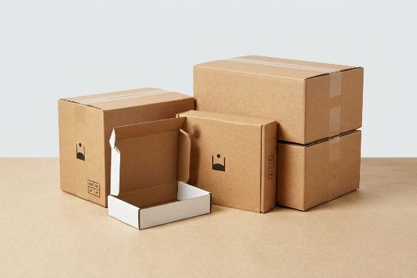 Various custom ecommerce packaging boxes, including sealed and open corrugated cardboard mailers with a minimalist logo, on a brown surface.