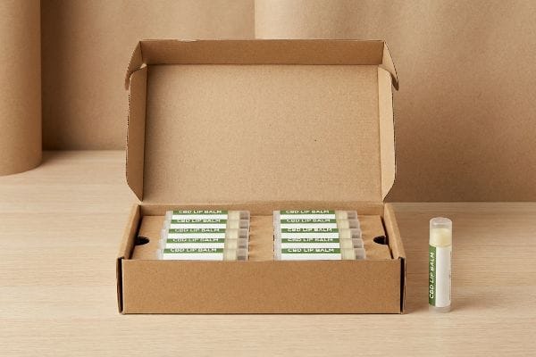 An open brown cardboard display box showcases ten Cbd Lip Balm tubes, with an additional tube standing upright on a light wooden surface.