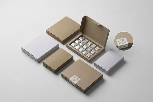 Kraft Chocolate Box Display An array of Kraft and white paperboard boxes, one open revealing 15 silver-foiled chocolates, with a label reading 'I will make you happy by being the best. Let's be friends!'