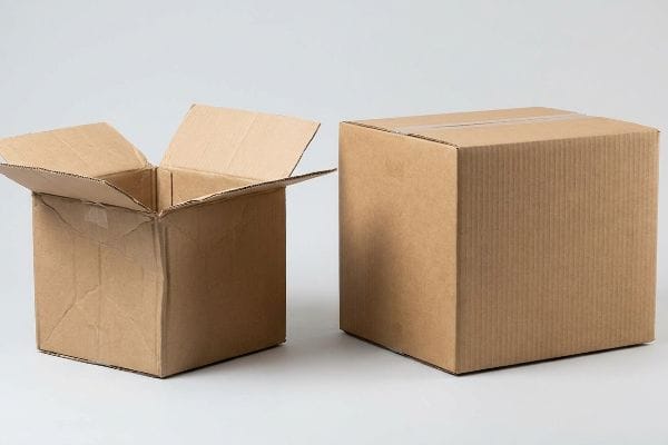 An open, empty corrugated cardboard box stands next to a closed, sealed brown shipping box, showcasing packaging options.